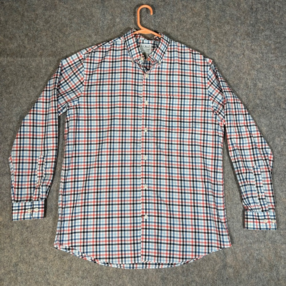 LL Bean Button Down Shirt Womens M Red Blue Plaid Tattersall Traditional Cotton